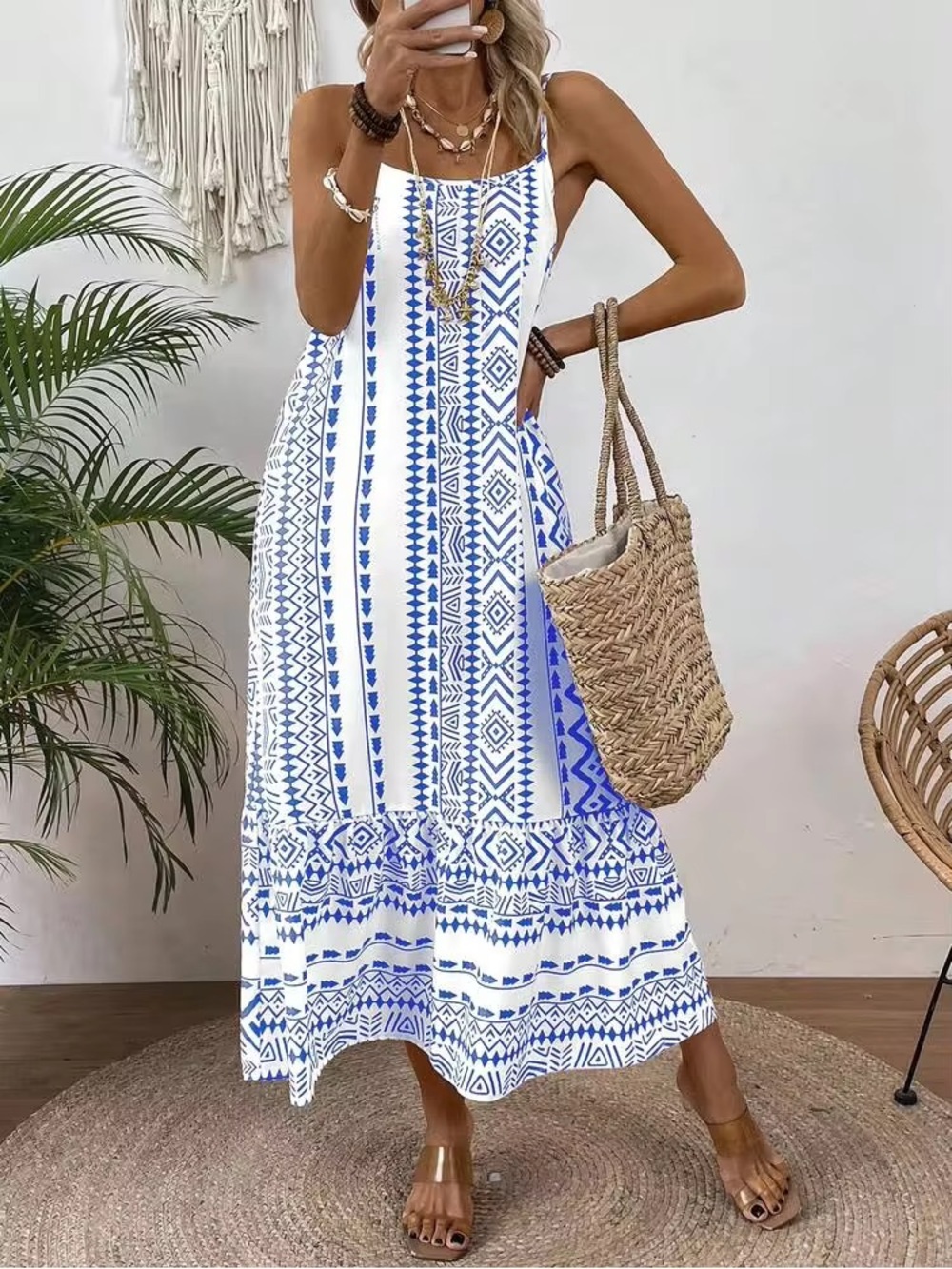 Blue and White Loose Fit Geometric Printed Spaghetti Strap Dress-xl/12